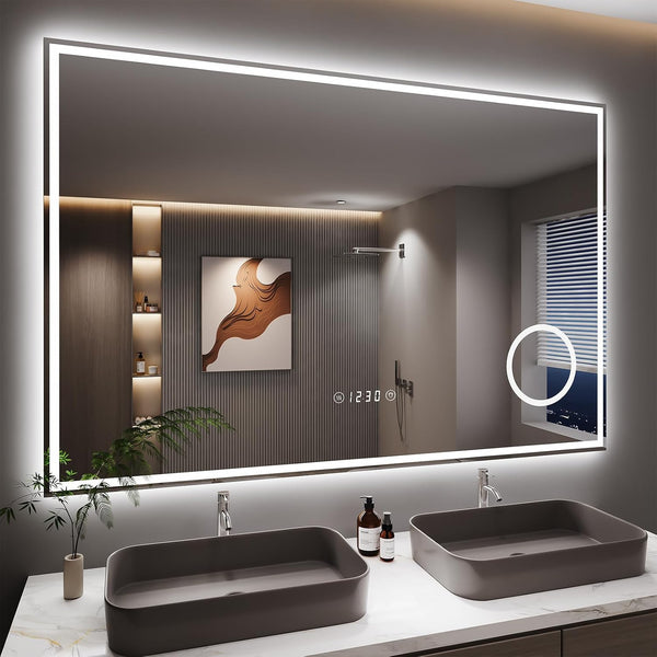 Dripex 800 * 1200 MM LED Bathroom Mirror Magnifying and Clock, Dimmable 3 Colors Illuminated Backlit Wall Mounted Bathroom Mirrors Anti-fog Vanity Mirror, Horizontal Only