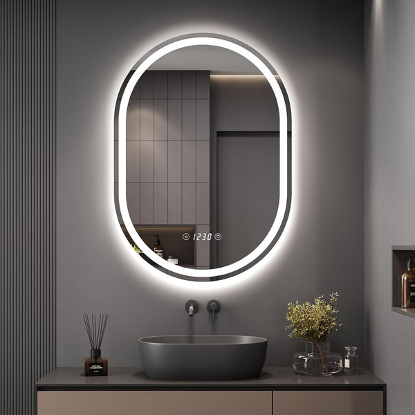 Dripex Clock Display Oval Bathroom LED Mirror, LED Mirror Bathroom with Light, Illuminated Backlit Wall Mounted Mirror with Demister, Anti-fog, 3 Lighting Modes, Dimming Light, IP44