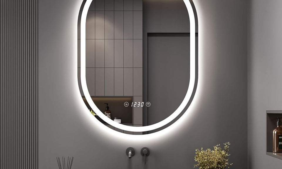 Dripex Clock Display Oval Bathroom LED Mirror, LED Mirror Bathroom with Light, Illuminated Backlit Wall Mounted Mirror with Demister, Anti-fog, 3 Lighting Modes, Dimming Light, IP44