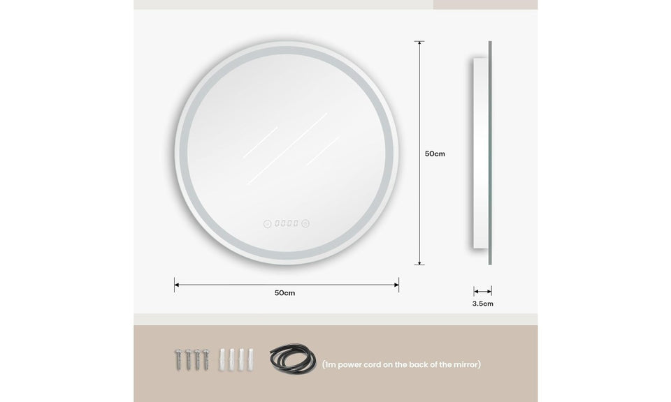 Dripex Round LED Bathroom Mirror, Illuminated Circle Makeup Vanity Mirror with Demister Pad, Anti-fog, 3 Lighting Modes, Dimmable, Wall Mounted, Front+Backlit, IP44