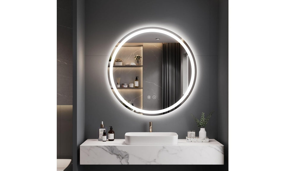 Dripex Round LED Bathroom Mirror, Illuminated Circle Makeup Vanity Mirror with Demister Pad, Anti-fog, 3 Lighting Modes, Dimmable, Wall Mounted, Front+Backlit, IP44