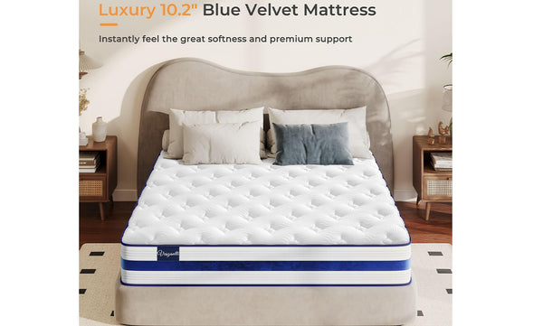 Vesgantti 10.2 Inch Blue Velvet Mattress Cooling Memory Foam Top, Medium Firm with Enhanced Edge Support