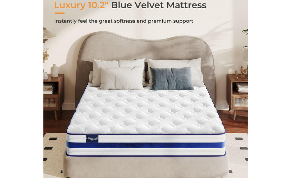 Vesgantti 10.2 Inch Blue Velvet Mattress Cooling Memory Foam Top, Medium Firm with Enhanced Edge Support