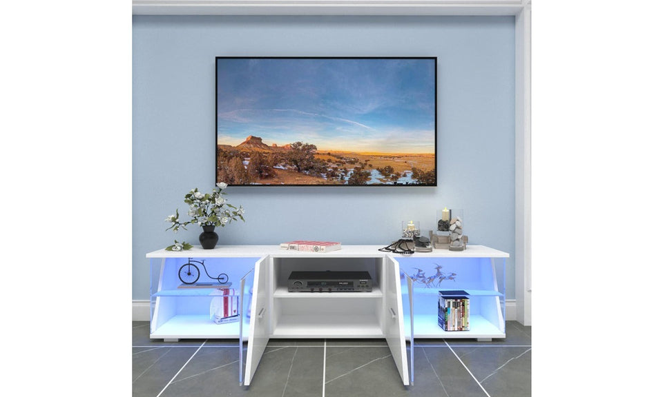 Dripex 150cm High Gloss TV Cabinet with LED Lights and Storage, White