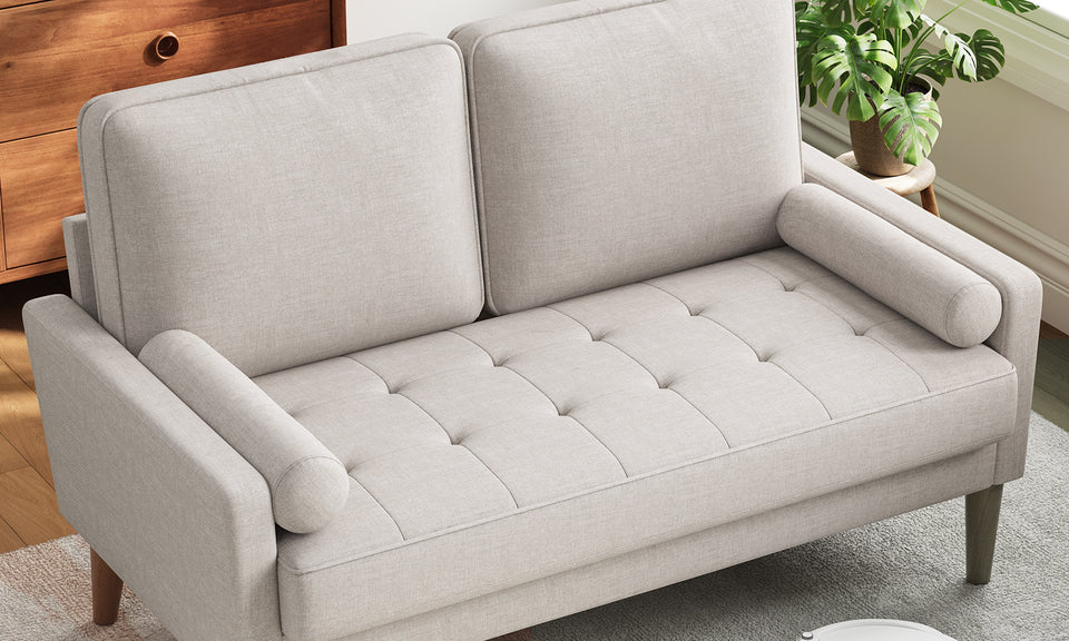 Vesgantti Loveseat Sofa with Solid Wood Legs, 48" Small Couches for Small Spaces, Love Seat for Living Room, Bedroom, Easy Assembly Mid Century Modern Couch with Throw Pillow for Apartment, Ashbeige