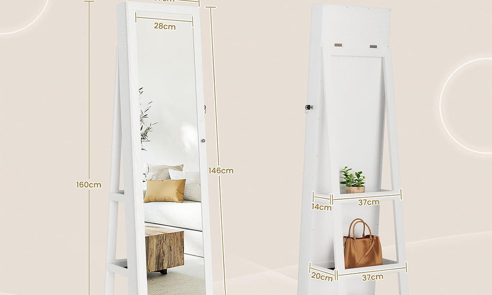 Dripex Jewelry Organiser Mirror Wardrobe, 360° Swivel Jewelry Storage, Lockable, 3 in 1 Free Standing Mirror with Storage Shelves