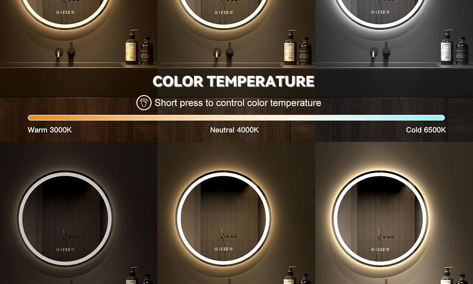Dripex Time Display Round Bathroom LED Mirror, Illuminated Wall Mounted Circle LED Bathroom Mirror, Anti-fog, 3 Lighting Modes, Dimmable, Front+Backlit, IP4