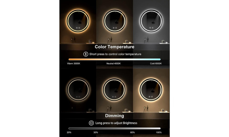 Dripex Round LED Bathroom Mirror, Illuminated Circle Makeup Vanity Mirror with Demister Pad, Anti-fog, 3 Lighting Modes, Dimmable, Wall Mounted, Front+Backlit, IP44
