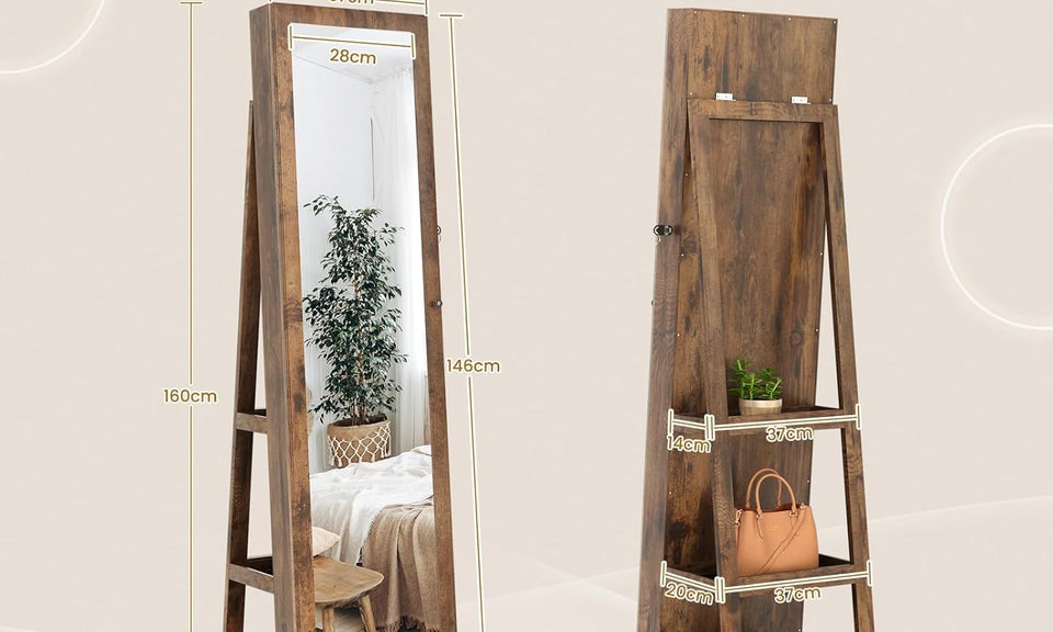 Dripex Jewelry Organiser Mirror Wardrobe, 360° Swivel Jewelry Storage, Lockable, 3 in 1 Free Standing Mirror with Storage Shelves