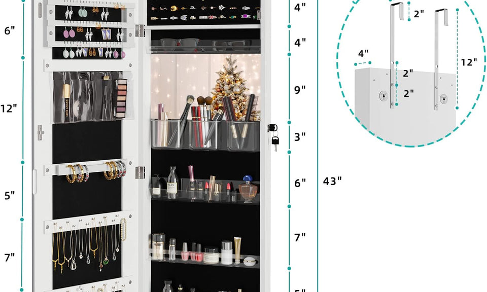 Dripex White Jewelry Organiser Mirror Wardrobe, Wall Mounted & Door Hanging Mirror, Lockable Jewelry Wardrobe with Large Storage