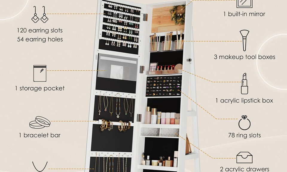 Dripex Jewelry Organiser Mirror Wardrobe, 360° Swivel Jewelry Storage, Lockable, 3 in 1 Free Standing Mirror with Storage Shelves