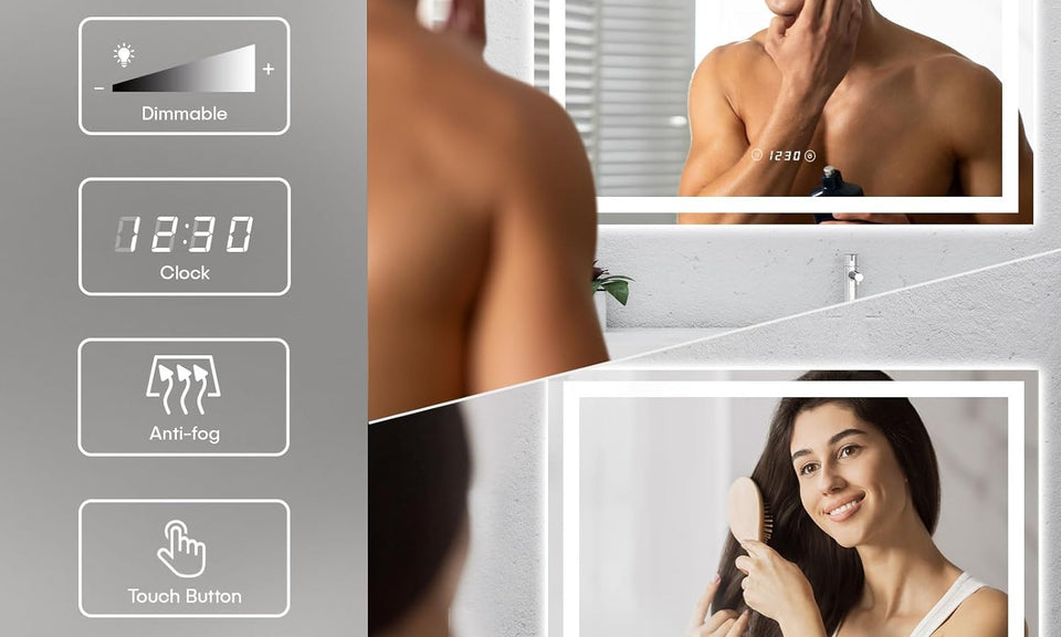 Dripex LED Bathroom Mirror with Shaver Socket and Clock, 600 * 800 MM Dimmable 3 Colors Illuminated Backlit Wall Mounted Bathroom Mirrors Anti-fog Vanity Mirror, Horizontal Only