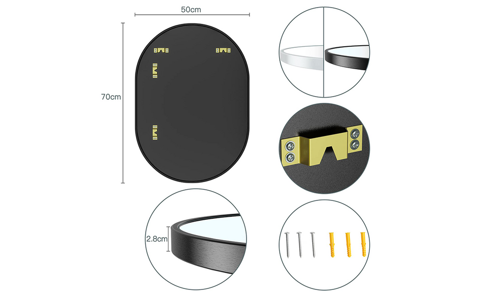 Dripex 50 x 70cm Oval Mirror, Wall Mounted Bathroom Mirror, Horizontal or Vertical Hanging Wall Mirror for Living Room