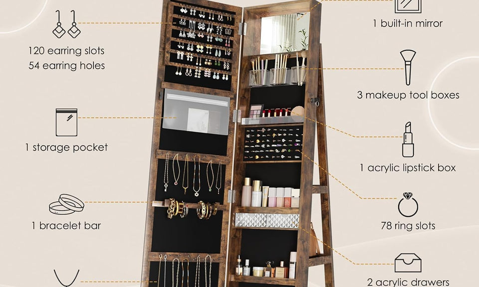 Dripex Jewelry Organiser Mirror Wardrobe, 360° Swivel Jewelry Storage, Lockable, 3 in 1 Free Standing Mirror with Storage Shelves