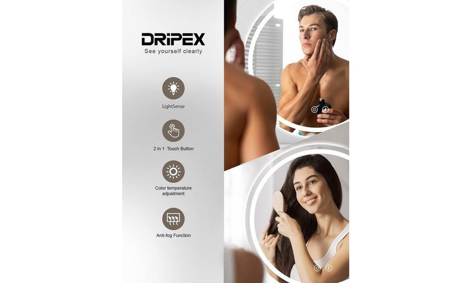 Dripex Round LED Bathroom Mirror, Illuminated Circle Makeup Vanity Mirror with Demister Pad, Anti-fog, 3 Lighting Modes, Dimmable, Wall Mounted, Front+Backlit, IP44