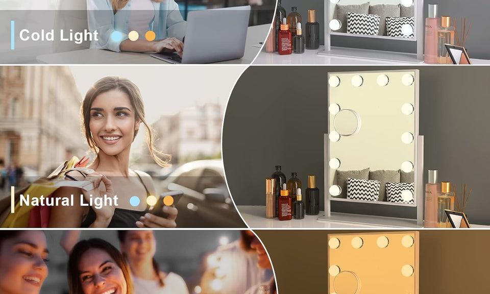 Dripex 9/12 Dimmable Bulbs Hollywood LED Vanity Mirror, Lighted Makeup Mirror, 360°Rotation, 3 Color Lighting Modes, Touch Screen Control, Light up Dressing Table Mirror for Bedroom