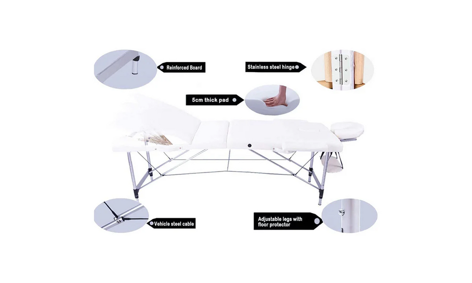 Vesgantti Portable Massage Bed Table - 3-Section Aluminum Foldable Beauty Couch for Reiki Therapy Treatment Salon Healing - Metal Headrest Support/with Carry Bag(Black/Beige White)
