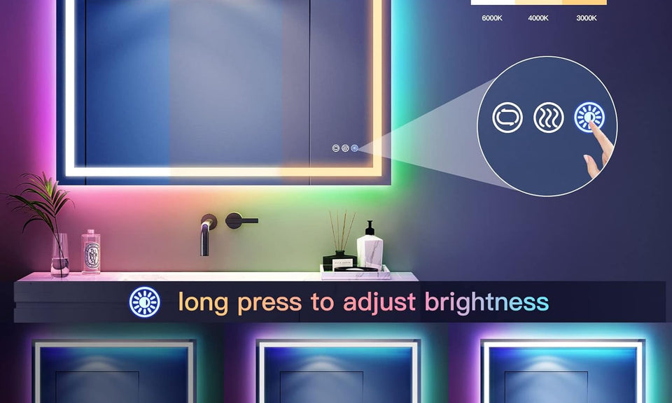 Dripex RGB Bathroom Mirror with 3 LED Lights, Illuminated Bathroom Mirrors Vanity Mirror RGB Backlit + Front Lighted, Dimmable and Demister Pad, Horizontal/Vertical