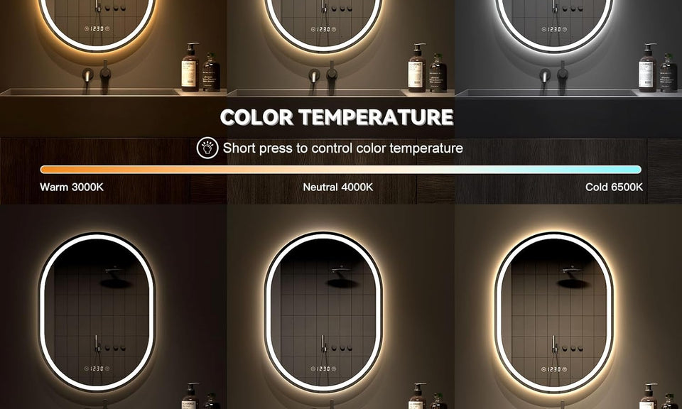 Dripex Clock Display Oval Bathroom LED Mirror, LED Mirror Bathroom with Light, Illuminated Backlit Wall Mounted Mirror with Demister, Anti-fog, 3 Lighting Modes, Dimming Light, IP44