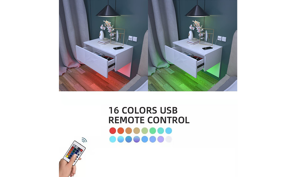 Dripex Floating Bedside Table with Drawer, Wall Mounted Bedside Cabinet with RGB LED Lights, High Gloss Cream White for Bedroom