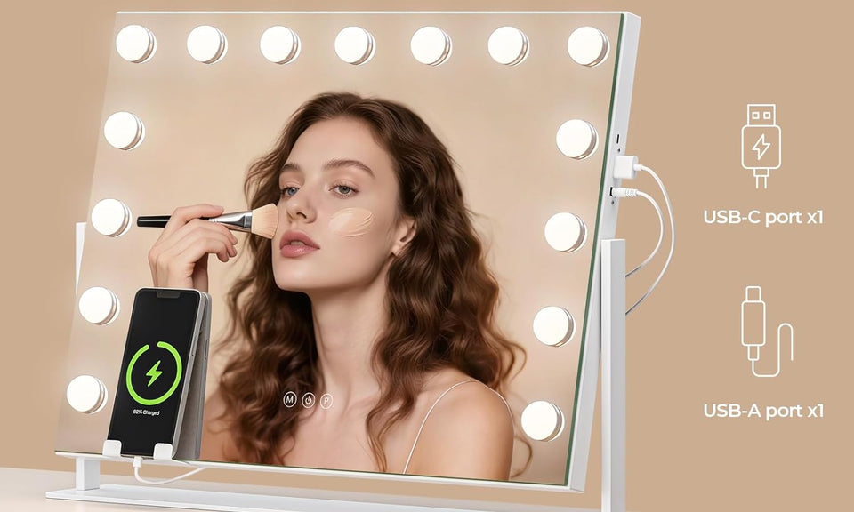 Dripex 14/15 Dimmable LED Bulbs Rotatable Hollywood Vanity Mirror with Lights, Large Illuminated Makeup Mirror, 3 Lighting Modes, Phone Holder, Titing Hollywood Mirror for Bedroom