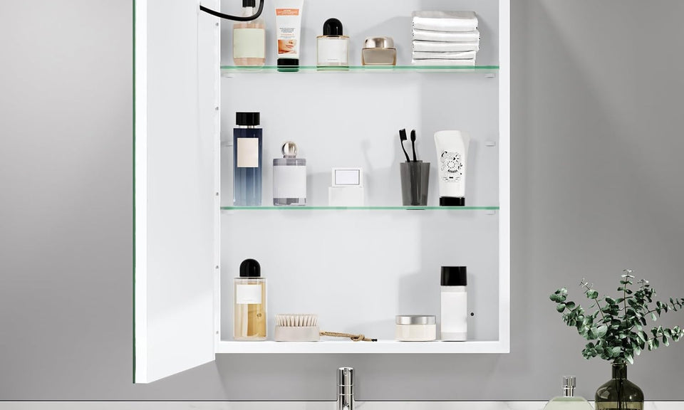 Dripex LED Bathroom Mirror Cabinet, Bathroom Mirror Cabinet with LED Lights Shaver Socket and Demister Pad, Non-contact Sensor Switch, White/Left hinge