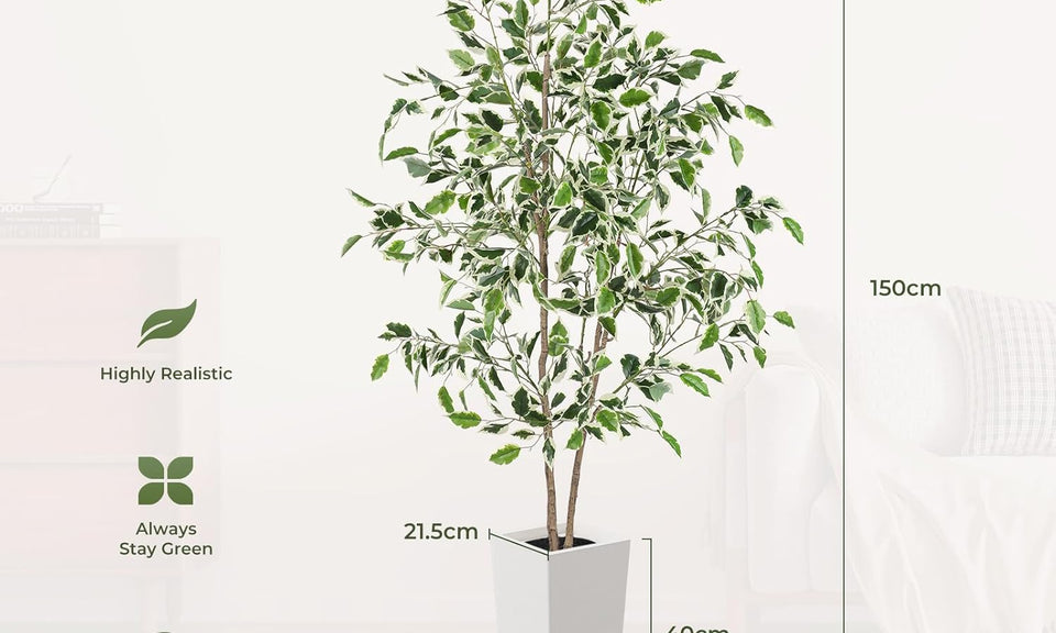 YOLEO 5FT Artificial Ficus Tree with White Tall Planter, Lifelike Fake Silk Tree Indoor, Faux Ficus Tall Plant for Living Room Bedroom Balcony Corner Office Decor