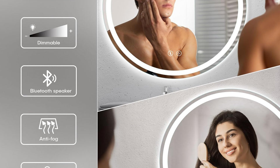 Dripex Bluetooth Round LED Bathroom Mirror, Illuminated Circle Bathroom LED Mirror with Speaker, Anti-fog, Wall Mounted, 3 Lighting Modes, Dimmable, Front+Backlit, IP44