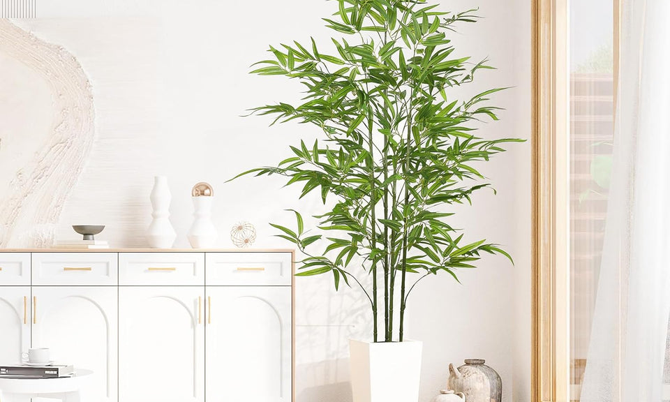 YOLEO 5FT/6FT Artificial Bamboo Tree with White Tall Planter, Lifelike Fake Silk Tree Indoor, Faux Bamboo Tall Plant for Living Room Bedroom Balcony Corner Office Deco