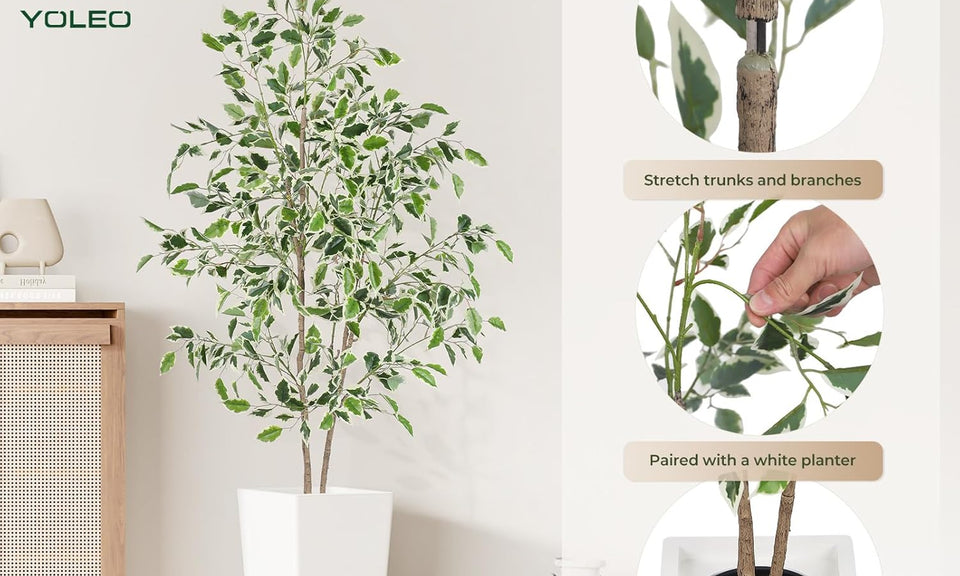 YOLEO 5FT Artificial Ficus Tree with White Tall Planter, Lifelike Fake Silk Tree Indoor, Faux Ficus Tall Plant for Living Room Bedroom Balcony Corner Office Decor