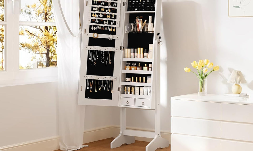 Dripex Jewelry Organiser Mirror Wardrobe, Free Standing Mirror with Large Storage, Lockable Jewelry Armoire Unit, 3 Angles Adjustable, White