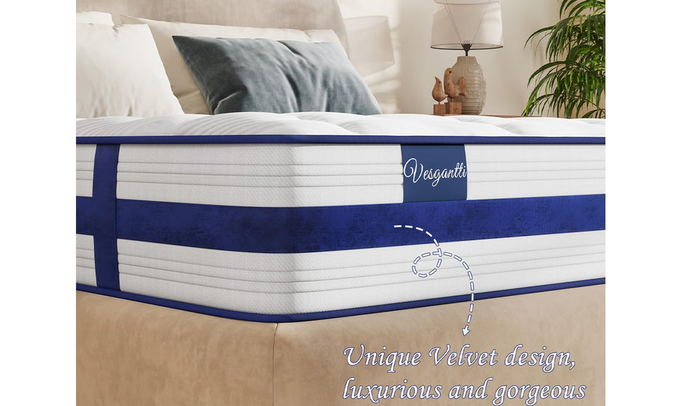 Vesgantti 10.2 Inch Blue Velvet Mattress Cooling Memory Foam Top, Medium Firm with Enhanced Edge Support