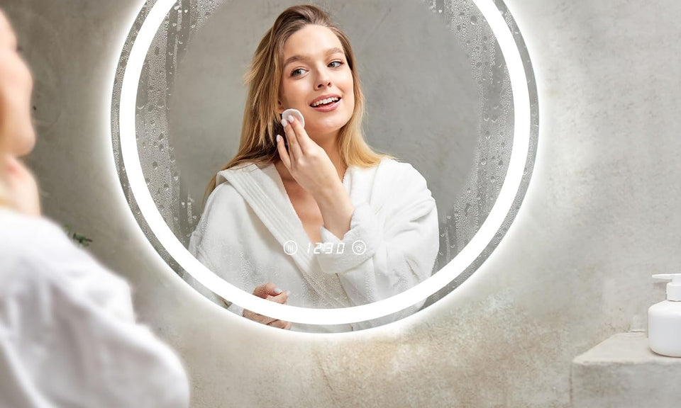 Dripex Time Display Round Bathroom LED Mirror, Illuminated Wall Mounted Circle LED Bathroom Mirror, Anti-fog, 3 Lighting Modes, Dimmable, Front+Backlit, IP4
