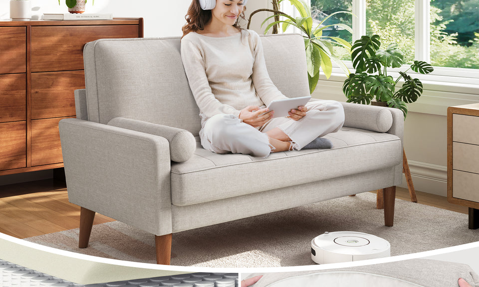Vesgantti Loveseat Sofa with Solid Wood Legs, 48" Small Couches for Small Spaces, Love Seat for Living Room, Bedroom, Easy Assembly Mid Century Modern Couch with Throw Pillow for Apartment, Ashbeige