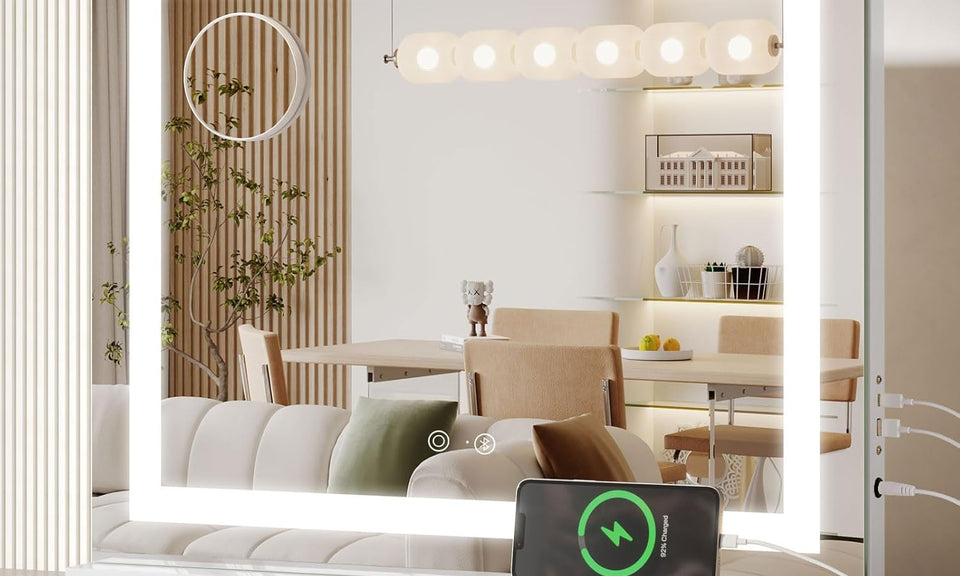 Dripex Bluetooth Hollywood Vanity Mirror with Light, 58 x 48 cm Dimmable LED Makeup Mirror, 3 Light Settings, USB and Type-C Outlet Ports, Tabletop or Wall-Mounted Light Up Vanity Mirror for Bedroom