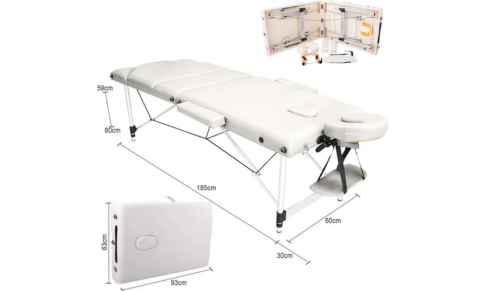 Vesgantti Portable Massage Bed Table - 3-Section Aluminum Foldable Beauty Couch for Reiki Therapy Treatment Salon Healing - Metal Headrest Support/with Carry Bag(Black/Beige White)