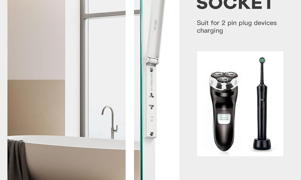 Dripex LED Bathroom Mirror with Shaver Socket and Clock, 600 * 800 MM Dimmable 3 Colors Illuminated Backlit Wall Mounted Bathroom Mirrors Anti-fog Vanity Mirror, Horizontal Only