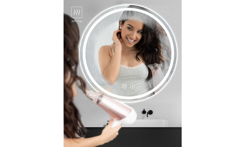 Dripex Round LED Bathroom Mirror, Illuminated Circle Makeup Vanity Mirror with Demister Pad, Anti-fog, 3 Lighting Modes, Dimmable, Wall Mounted, Front+Backlit, IP44