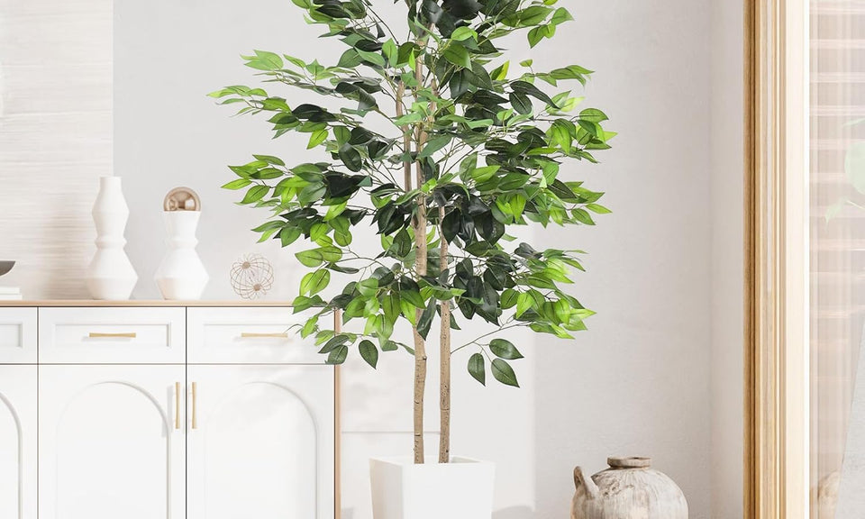 YOLEO 5FT/6FT Artificial Ficus Tree with White Tall Planter, Lifelike Fake Silk Tree Indoor, Faux Ficus Tall Plant for Living Room Bedroom Balcony Corner Office Decor