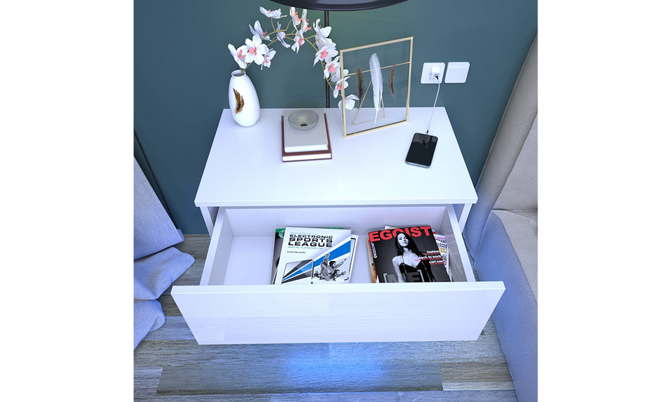 Dripex Floating Bedside Table with Drawer, Wall Mounted Bedside Cabinet with RGB LED Lights, High Gloss Cream White for Bedroom