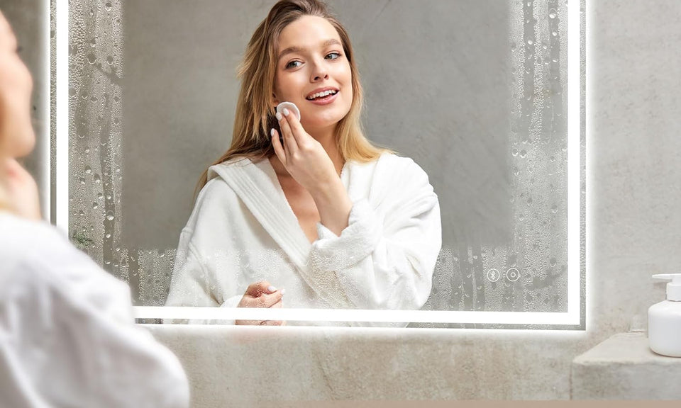 Dripex Bluetooth LED Bathroom Mirror with Shaver Socket, Dimmable 3 Colors Illuminated Backlit Wall Mounted Bathroom Mirrors Anti-fog Vanity Mirror, Horizontal/Vertical