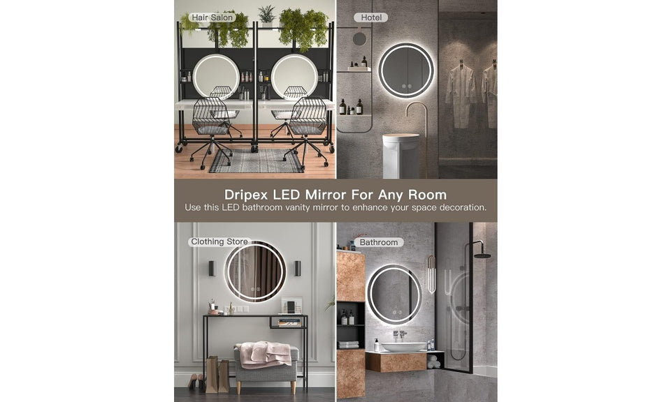 Dripex Round LED Bathroom Mirror, Illuminated Circle Makeup Vanity Mirror with Demister Pad, Anti-fog, 3 Lighting Modes, Dimmable, Wall Mounted, Front+Backlit, IP44
