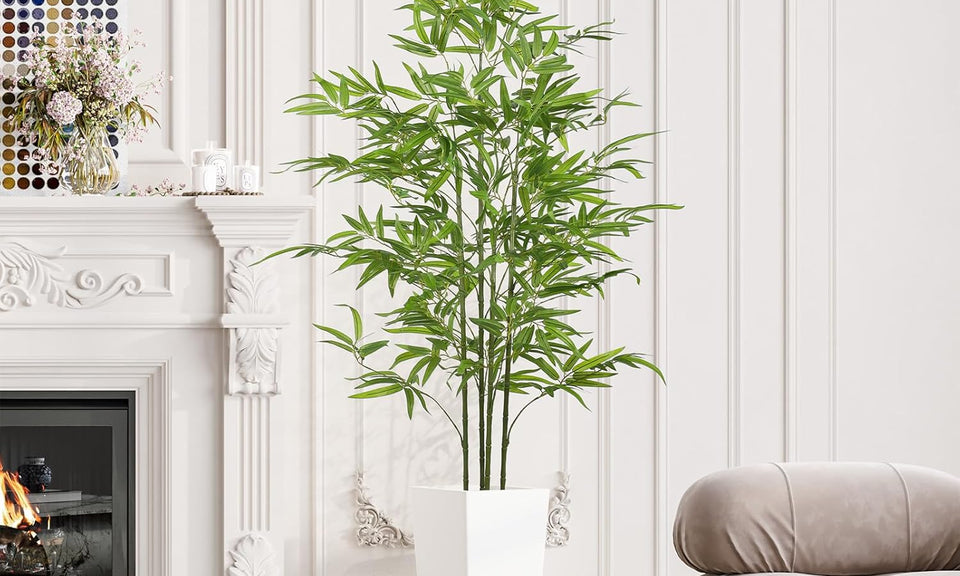 YOLEO 5FT/6FT Artificial Bamboo Tree with White Tall Planter, Lifelike Fake Silk Tree Indoor, Faux Bamboo Tall Plant for Living Room Bedroom Balcony Corner Office Deco