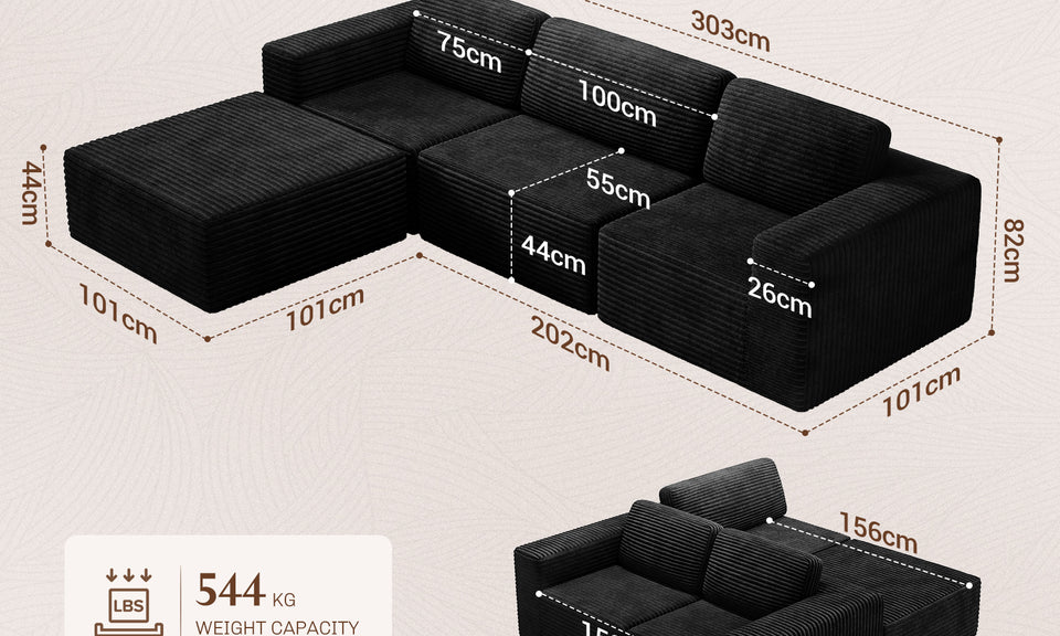 Vesgantti 303cm Oversized Modular Sectional Sofa for Living Room, Corduroy Cloud Couch with Spring Support, Extra Deep Seats, L-Shape Boneless Couch with Movable Ottoman, No Assembly Required, Black