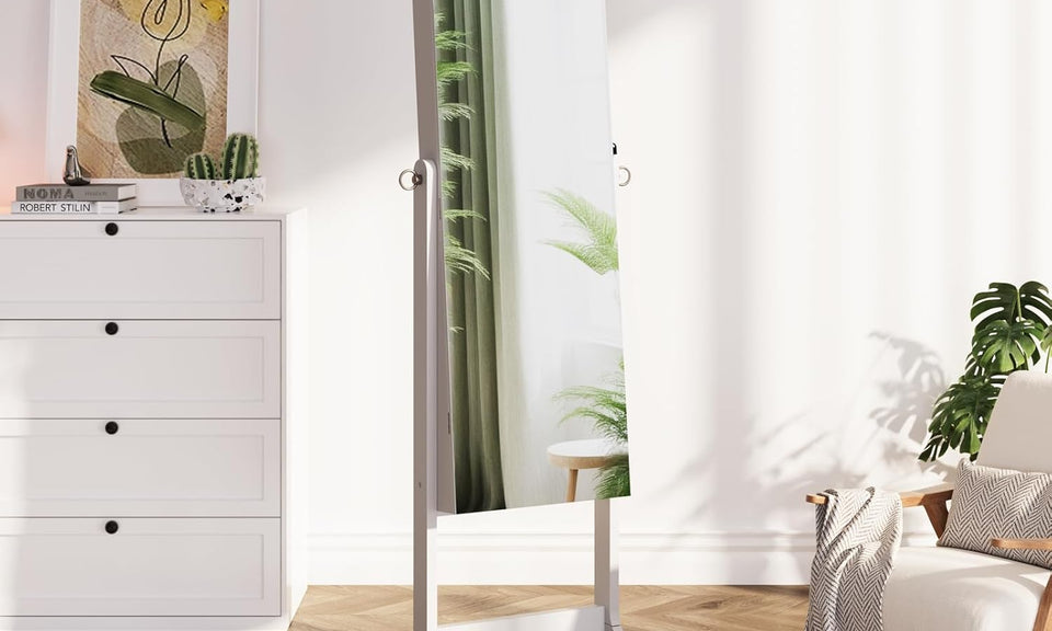 Dripex Jewelry Organiser Mirror Wardrobe, Free Standing Mirror with Large Storage, Lockable Jewelry Armoire Unit, 3 Angles Adjustable, White