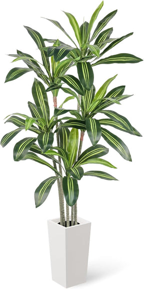 YOLEO 5FT/6FT Artificial Dracaena Tree with White Tall Planter, Lifelike Fake Silk Tree Indoor, Faux Dracaena Tall Plant for Living Room Bedroom Balcony Corner Office Decor