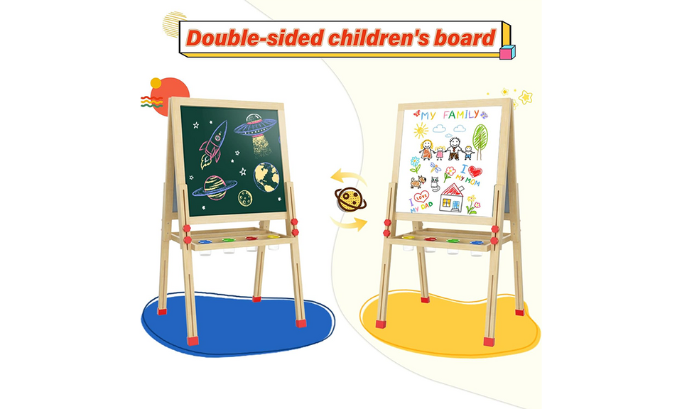Dripex Kid’s Wooden Art Easel, Double-Sided Height Adjustable Painting Blackboard with Magnetic Accessories Chalk and Sponge