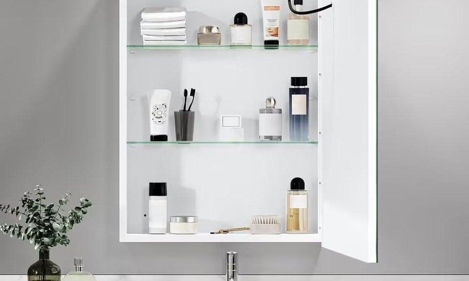 Dripex LED Bathroom Mirror Cabinet, Bathroom Mirror Cabinet with LED Lights Shaver Socket and Demister Pad, Non-contact Sensor Switch, White/Right hinge
