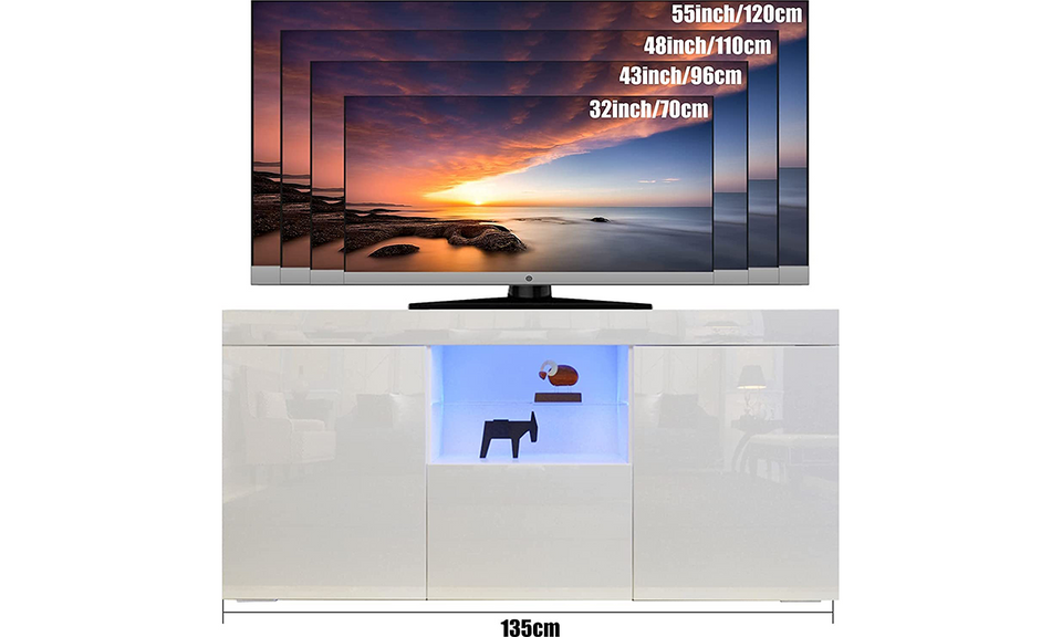 Dripex 135cm LED TV Cabinet, Modern High Gloss TV Stand with Ambient Lights & Storage, Entertainment Unit for 22''-55'' TVs, White
