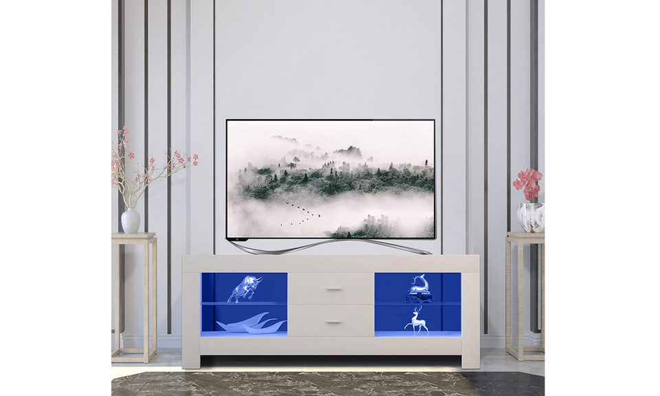 Dripex 130cm LED TV Stand Cabinet with Drawer & Shelves, Modern Entertainment Unit for 22''-52'' TVs, White Cream